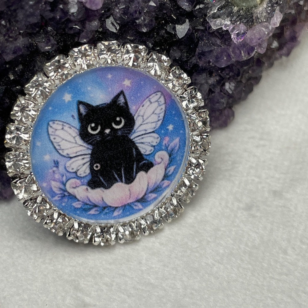 2/$20 Collectible Black Fairy Cat Crystal Bezel-Magnet Artisan Made